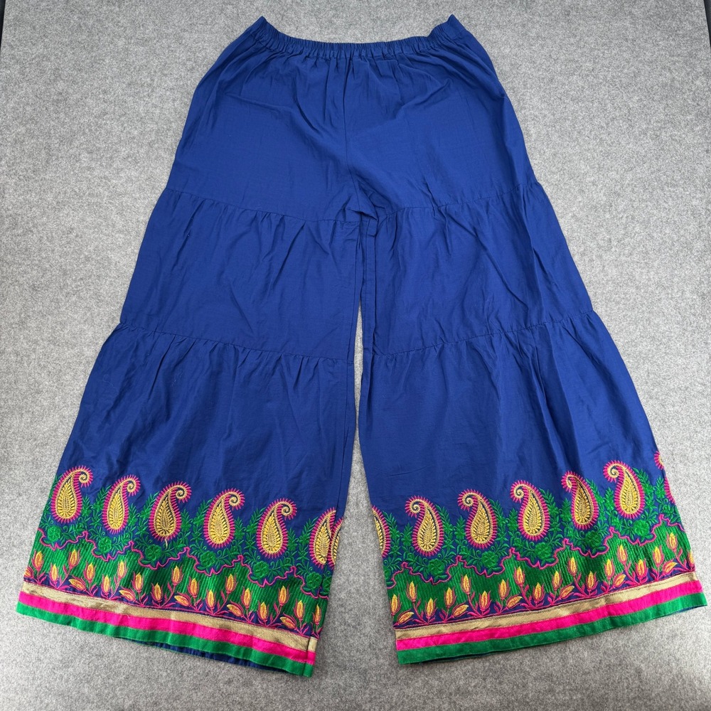 Unbranded Palazzo Pants Womens M Blue Paisley Embroidered Tiered Wide Leg EUC